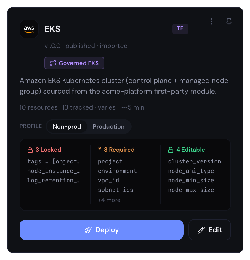 The EKS module in Archie's catalog, with its locked, required and editable fields