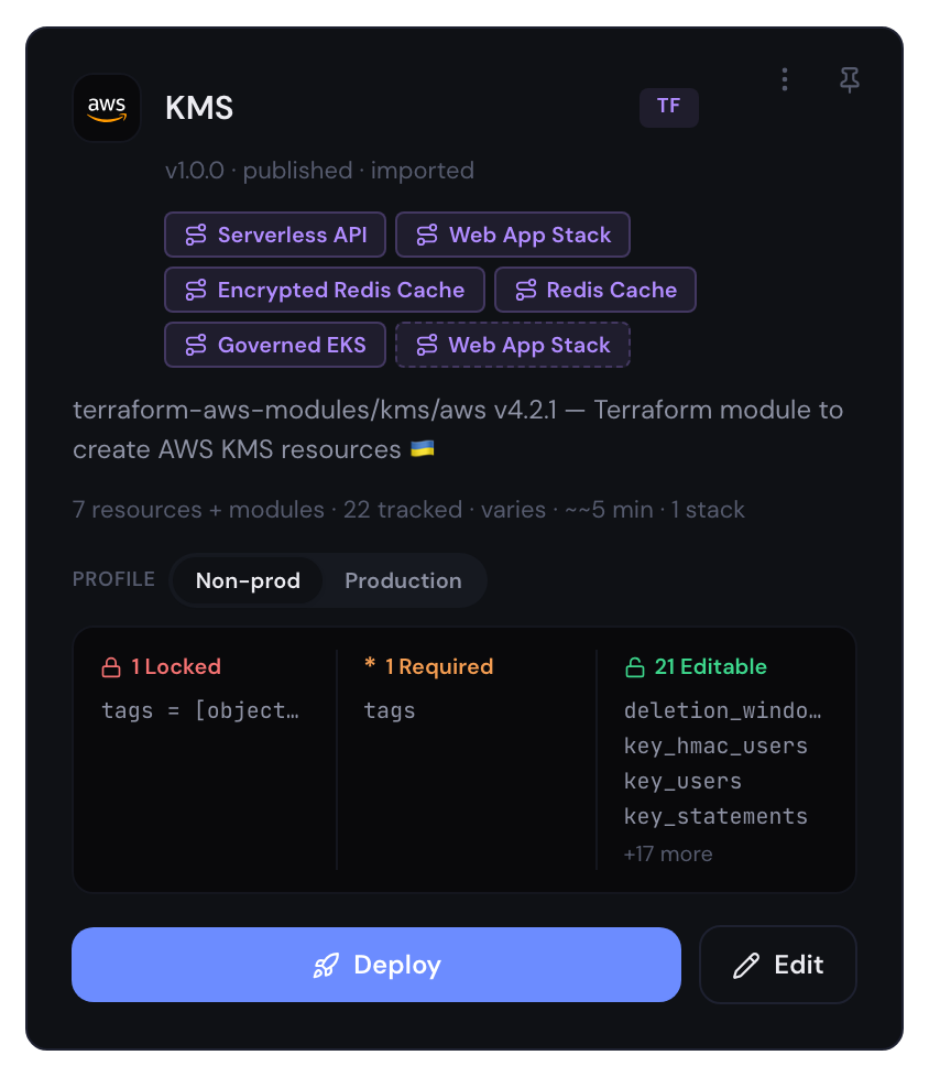 The KMS module in Archie's catalog, governed by the organisation's encryption standard