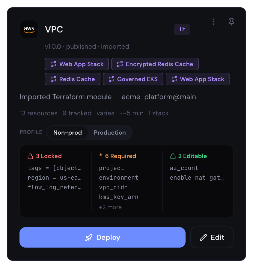 The VPC module in Archie's catalog, imported from the organisation's own Terraform repo